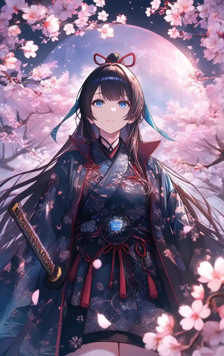 Anime warrior girl with katana under cherry blossoms