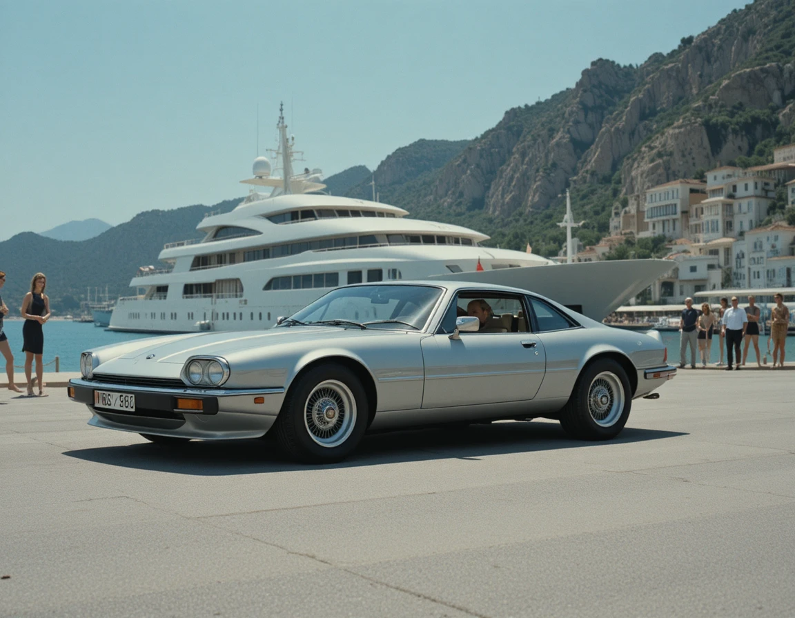 Silver sports car parked by luxury yacht in marina