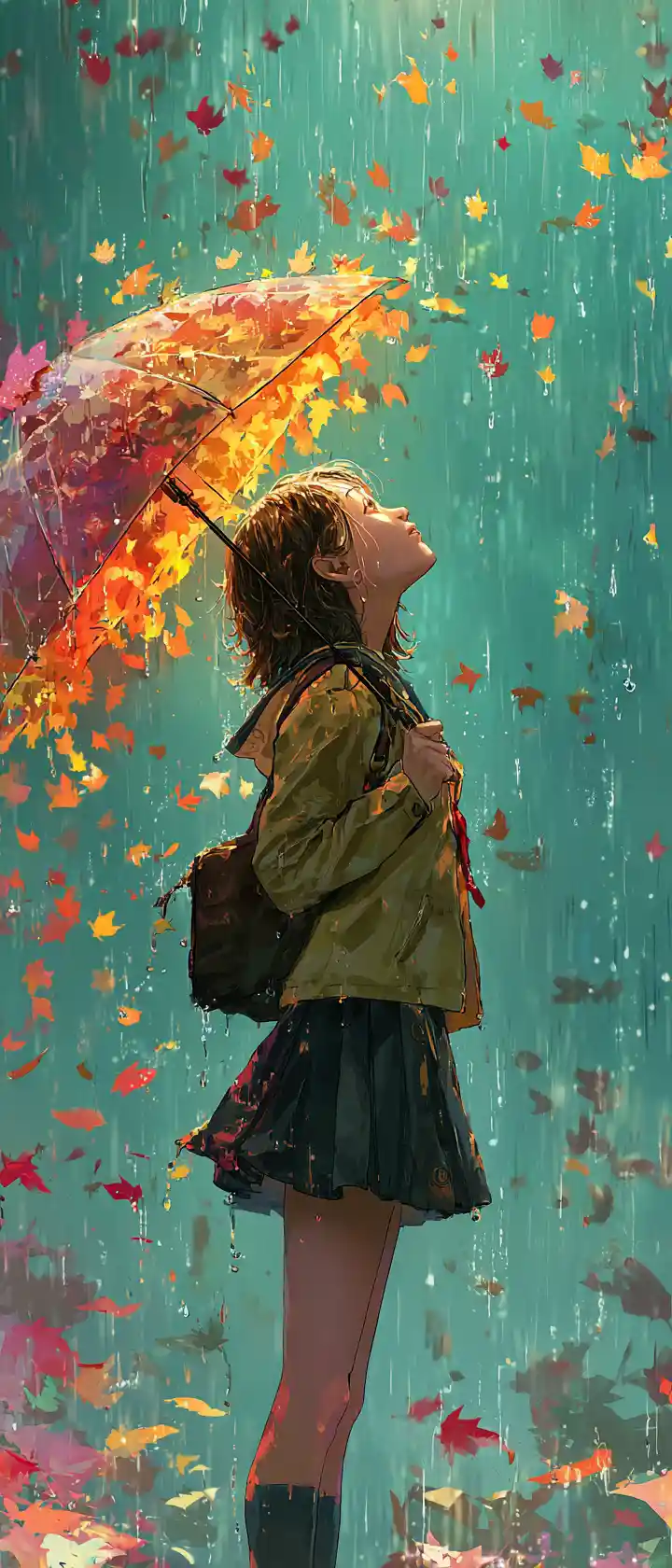 Anime girl opening a leaf umbrella in heavy rain