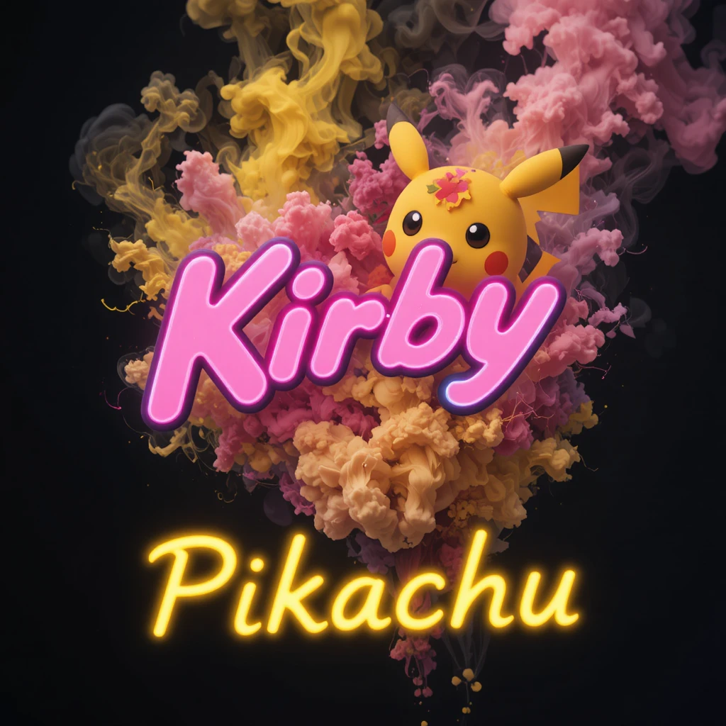 Cute cartoon creatures with neon Kirby x Pikachu text