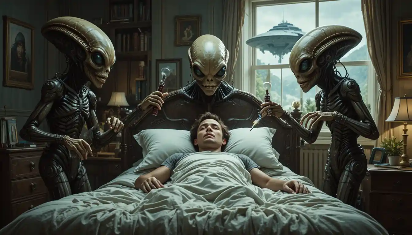 宇宙人が寝室で眠る男性を調査している