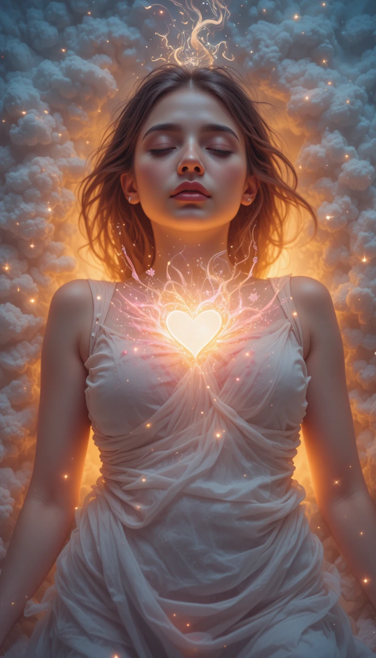 Peaceful woman resting in soft glowing healing light
