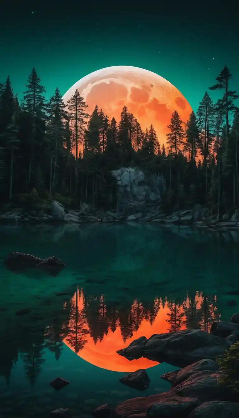 Surreal moonlit island reflected on a still neon lake