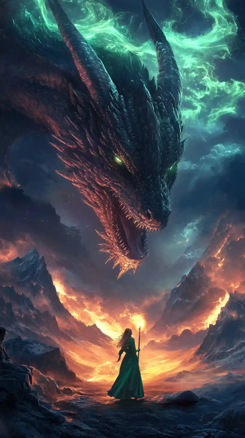Regal fantasy woman facing a dragon under aurora sky