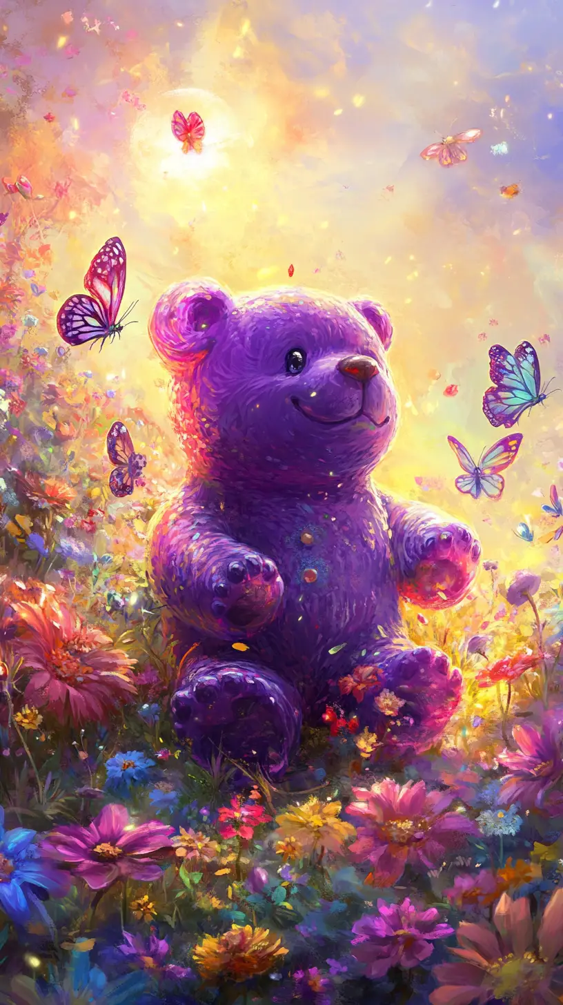 Purple gummy bear running through glowing fantasy flower meadow