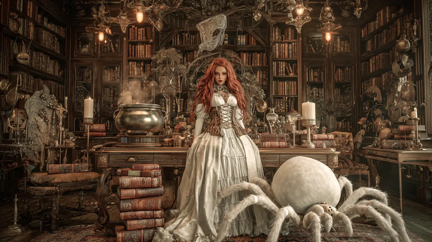 Red haired steampunk witch in a white gown