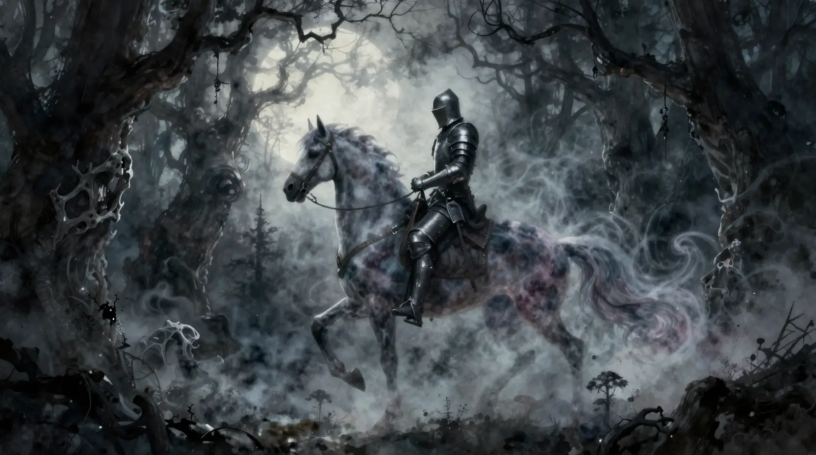 Spectral knight riding a nebula steed in haunted forest