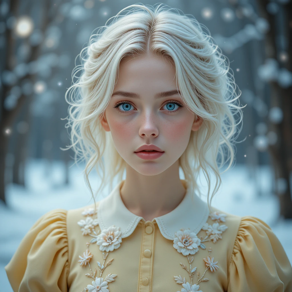 Junges blondes Mädchen im gelben Kleid im fallenden Schnee