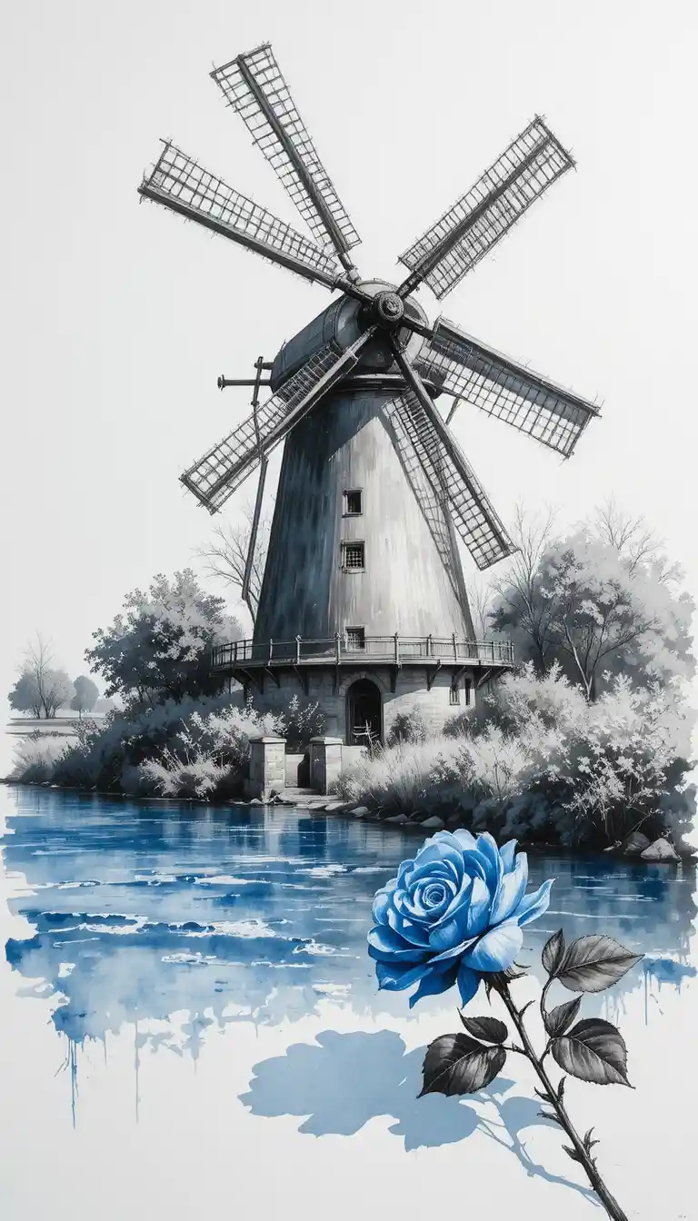 Kohlezeichnung einer Windmühle an einem ruhigen Flussufer