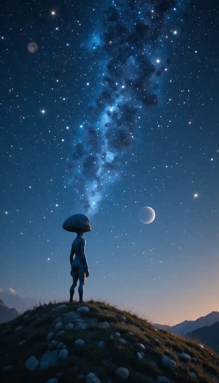 丘の上で明るい星空を見上げるかわいいエイリアン
