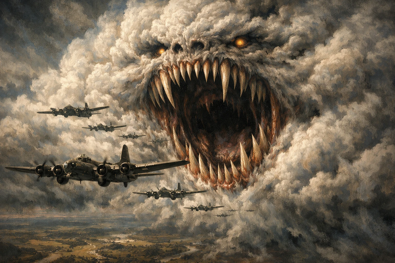 Bombardieri della Seconda Guerra Mondiale di fronte a un mostruoso spalancato tra le nuvole