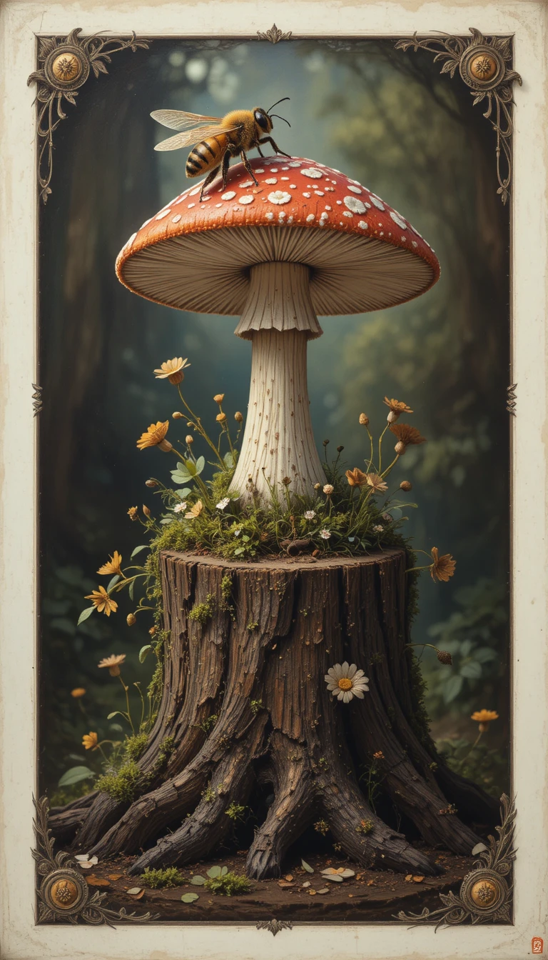 樹樁上休憩蜜蜂的魔幻毒蠅傘蘑菇