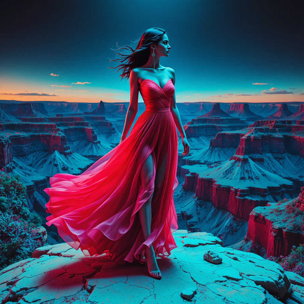 Femme en robe de soirée rouge néon dans le canyon