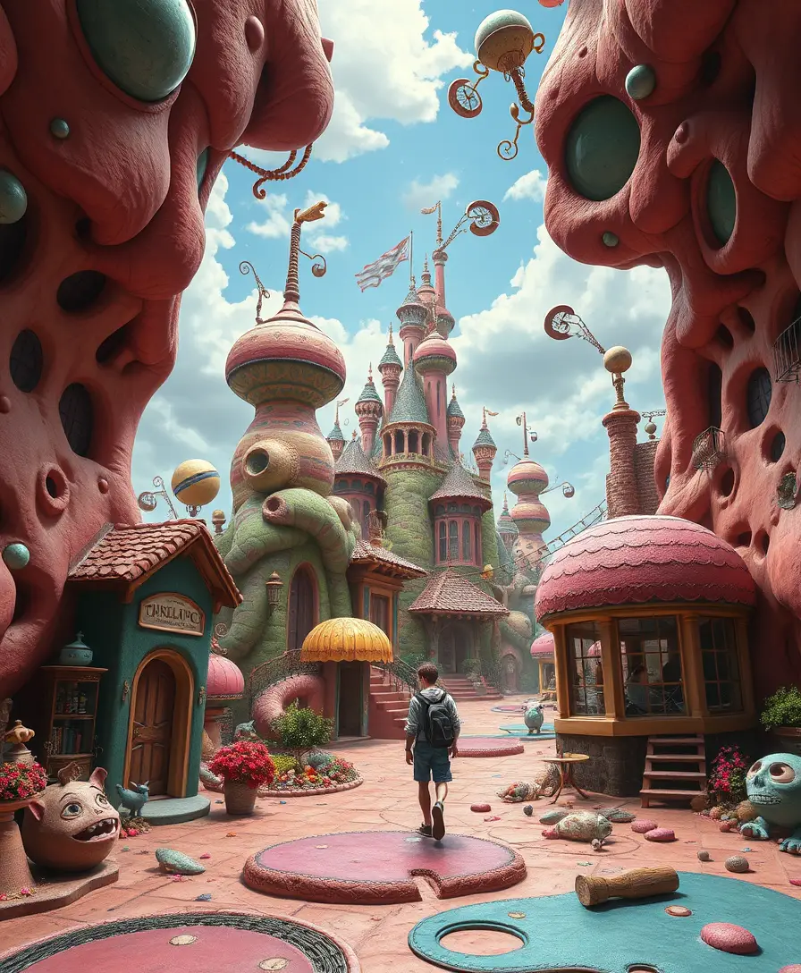 Surreal pop surrealism world with whimsical fantasy characters