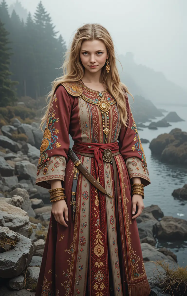 Young girl in Siberian folk dress in misty pine forest