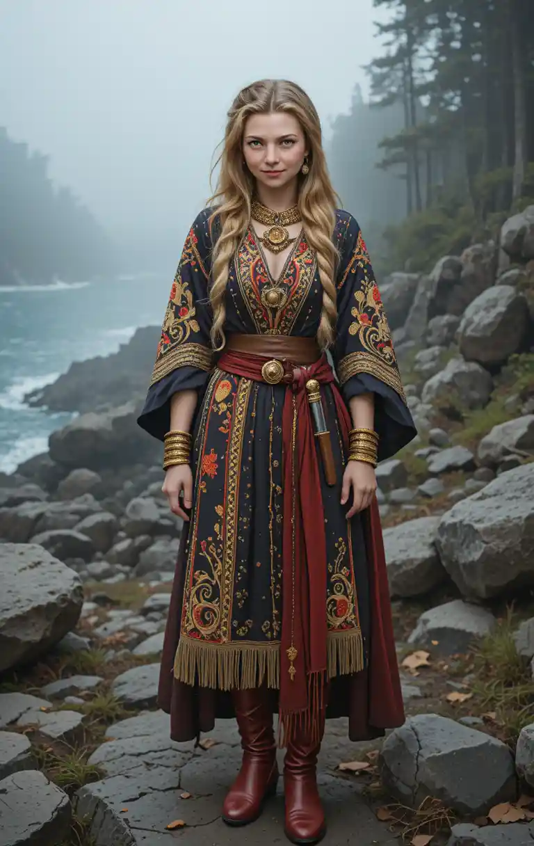 Young Slavic girl in embroidered clothes in pine forest
