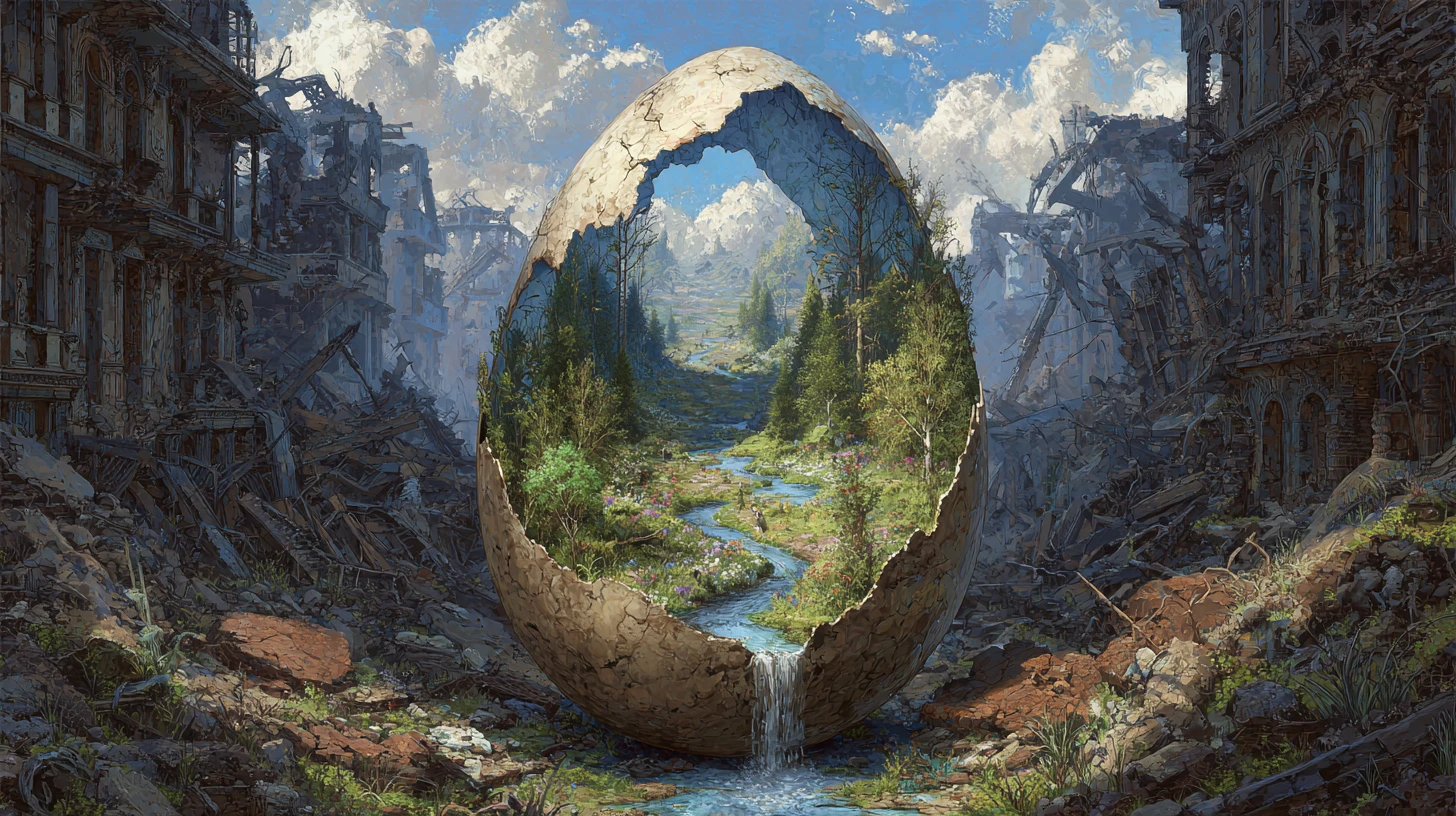 Cracked egg world birthing a lush river valley