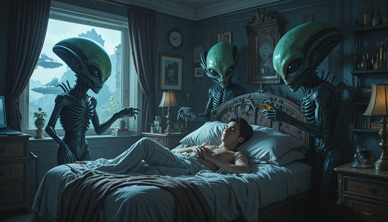 Außerirdische untersuchen einen schlafenden Mann in seinem Schlafzimmer bei Nacht
