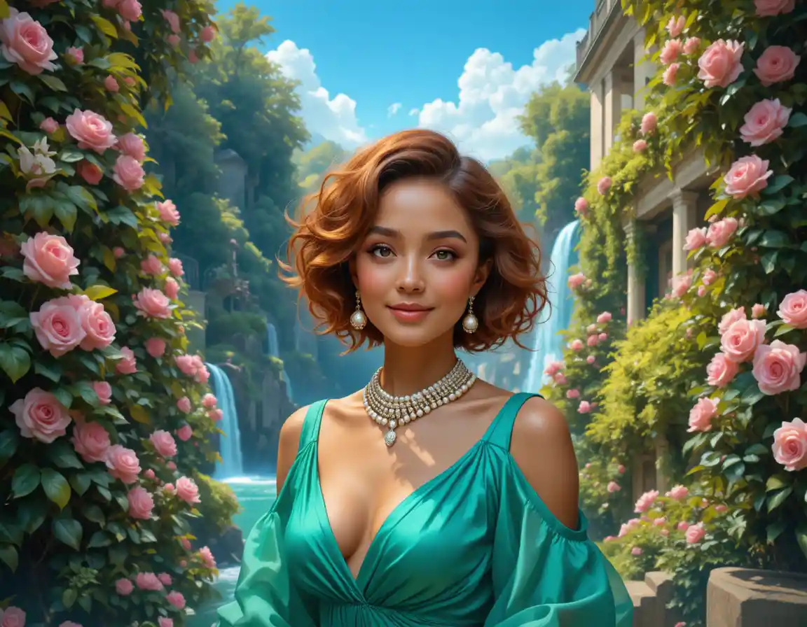 Young woman in emerald dress in soft portrait lighting