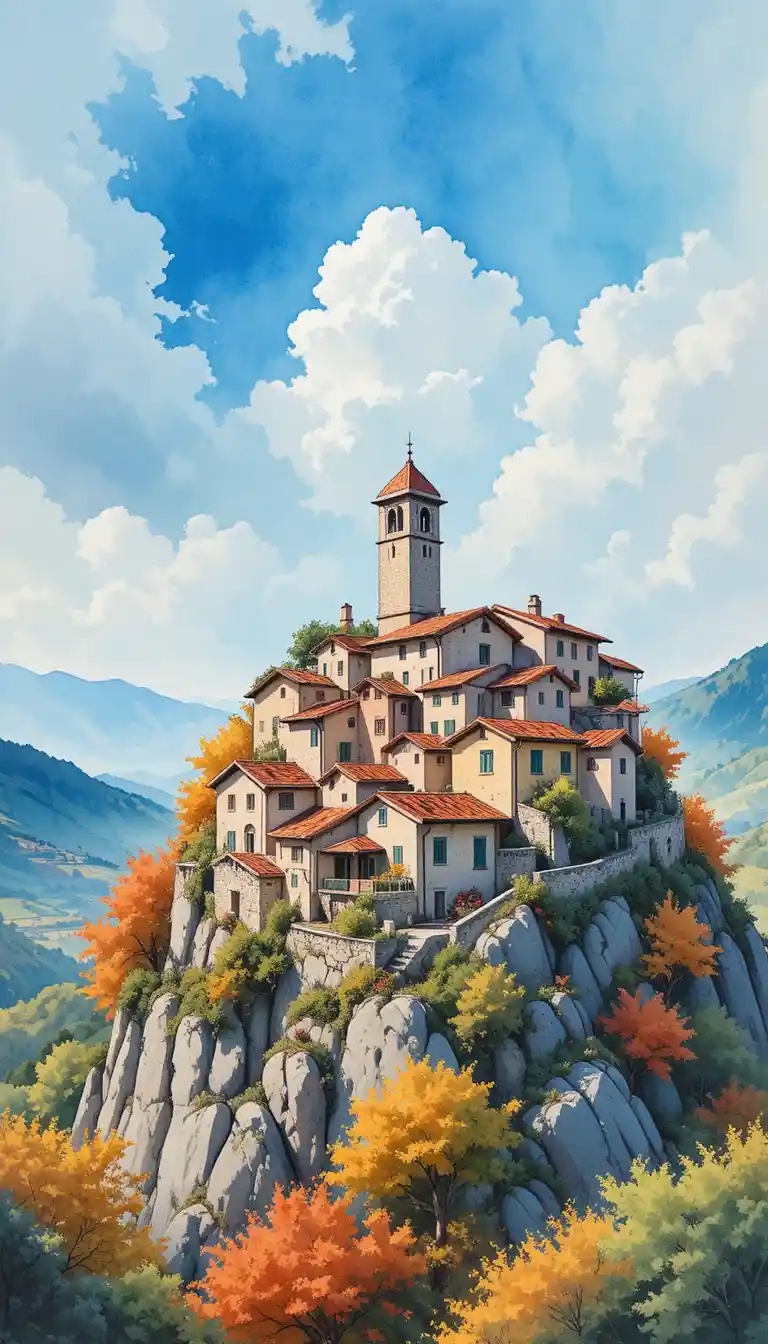 Village italien coloré au sommet d’une colline en aquarelle