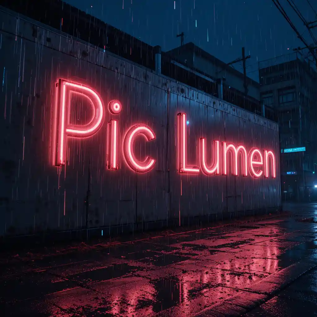Neon Pic Lumen text glowing on a rainy night wall