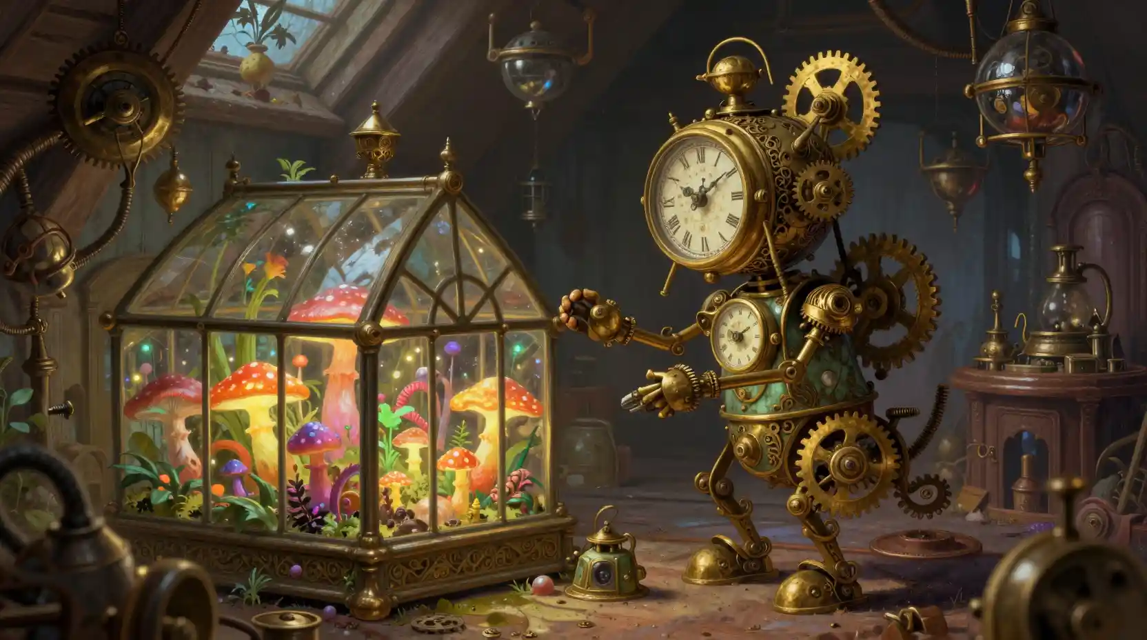 Clockwork automaton tending a glowing fungal greenhouse