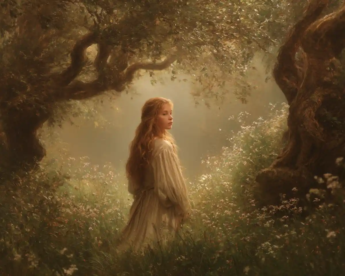 Serene woman standing in a mystical sunlit forest