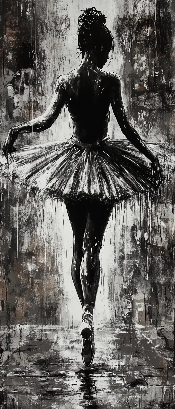 Sad ballerina spinning on a cracked urban pavement