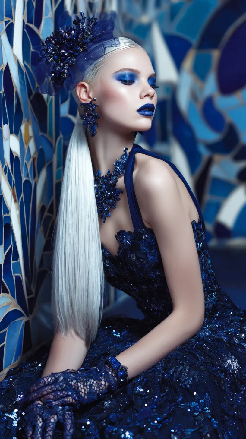 Mannequin de mode en robe couture bleu marine en pose plein pied