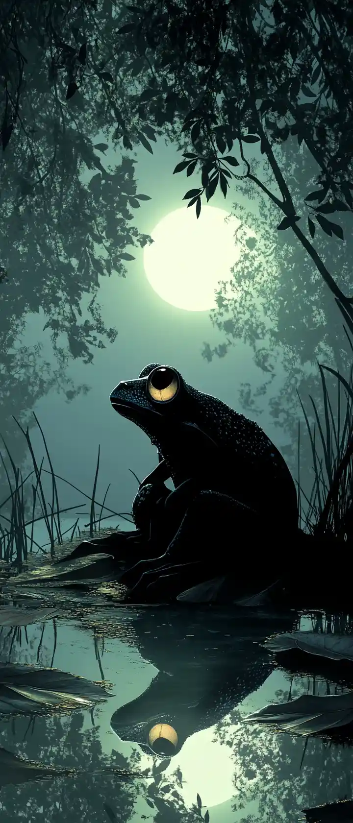 Frog With Glowing Eyes By An Enchanted Moonlit Pond