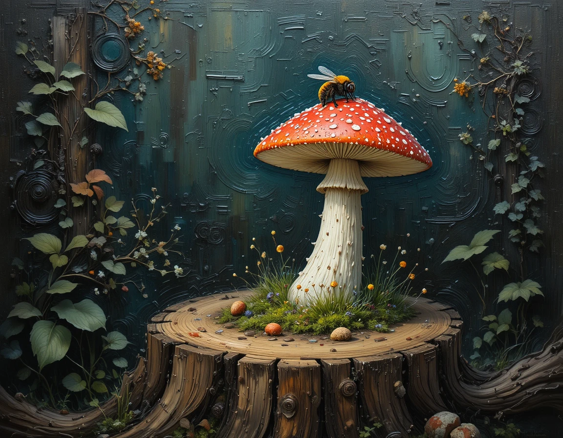 Magical realism mushroom with bee on an old forest stump