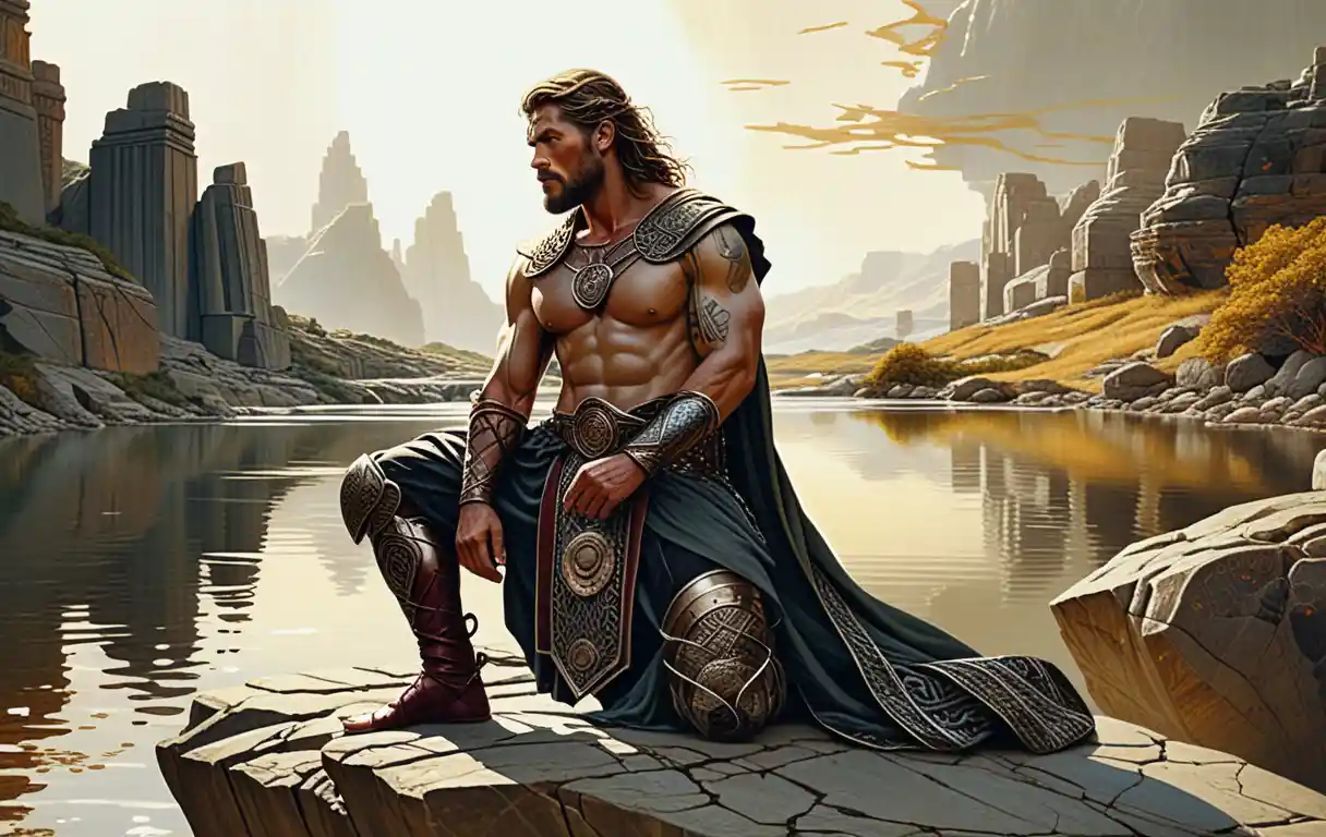 Norse warrior posing on a rock by a tranquil river