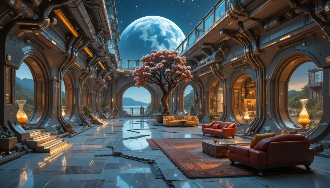 Luxurious living room inside futuristic industrial corridor