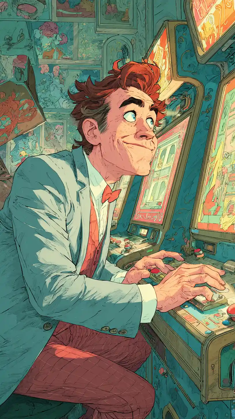 Joyful gambler playing slots in a neon lit arcade