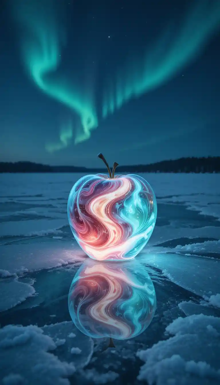 Glowing glass apple on a frozen lake at twilight