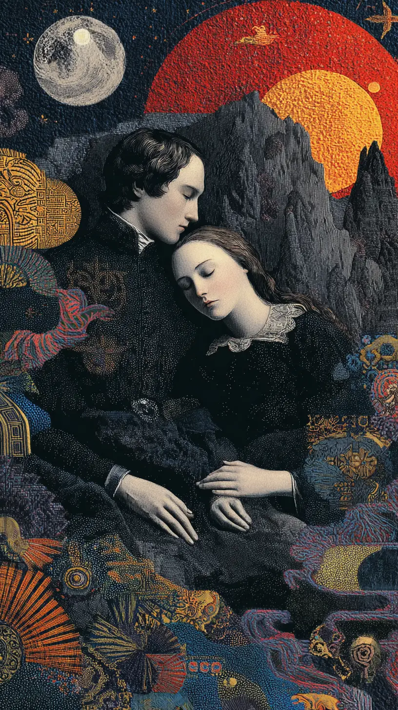 Dreamlike surreal collage in a dark celestial landscape