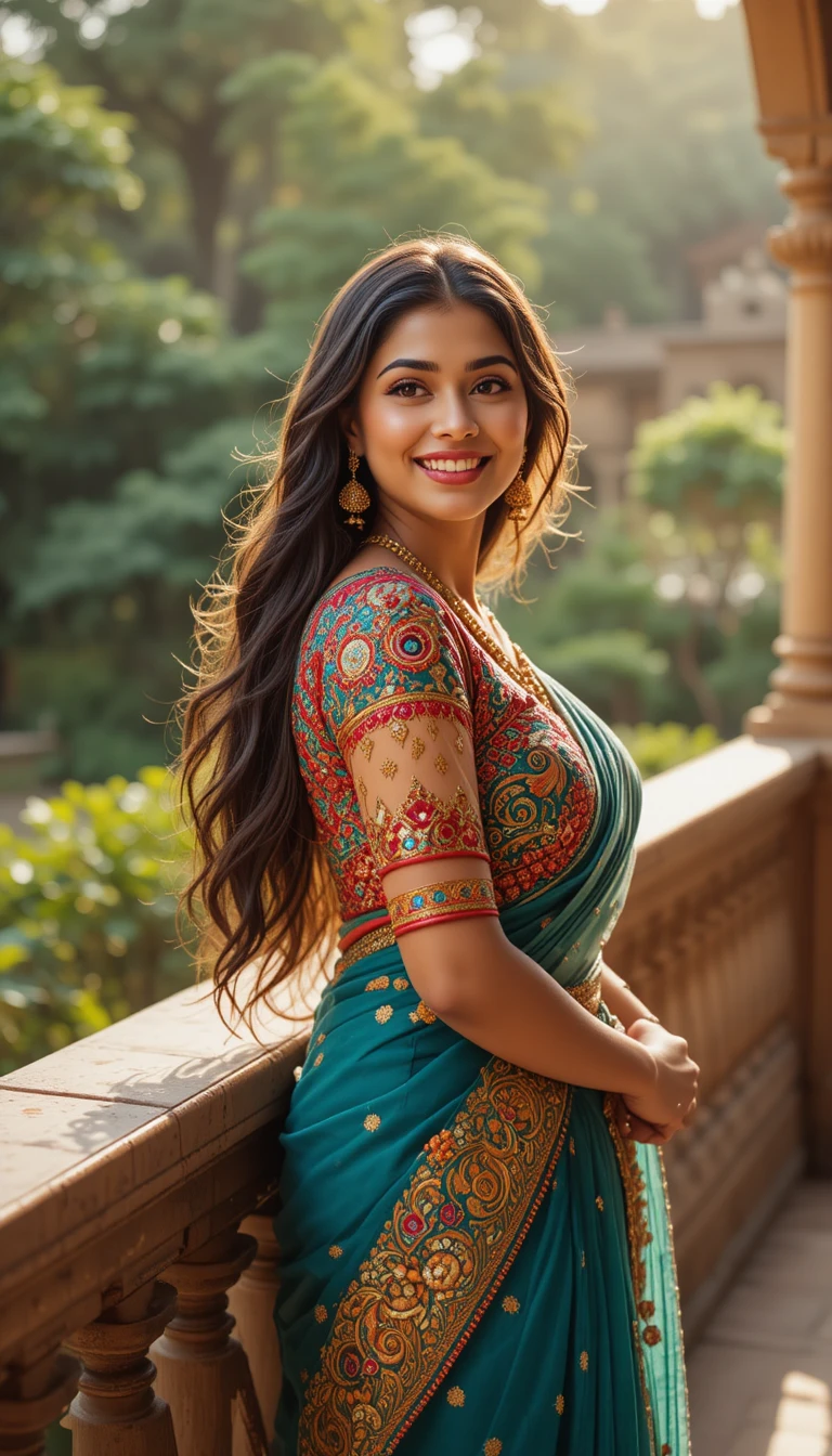 Elegant Indian woman in teal saree on ornate balcony