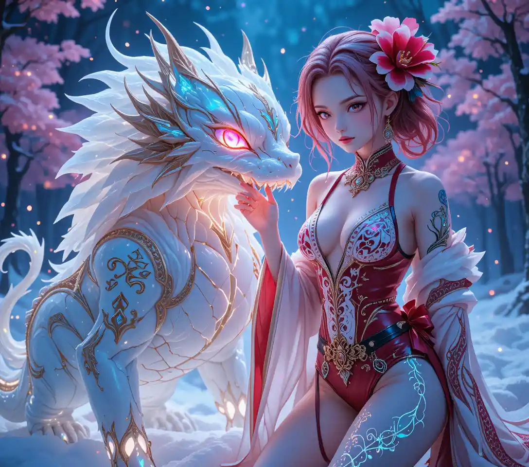 Anime girl with glowing tattoos beside a spirit creature