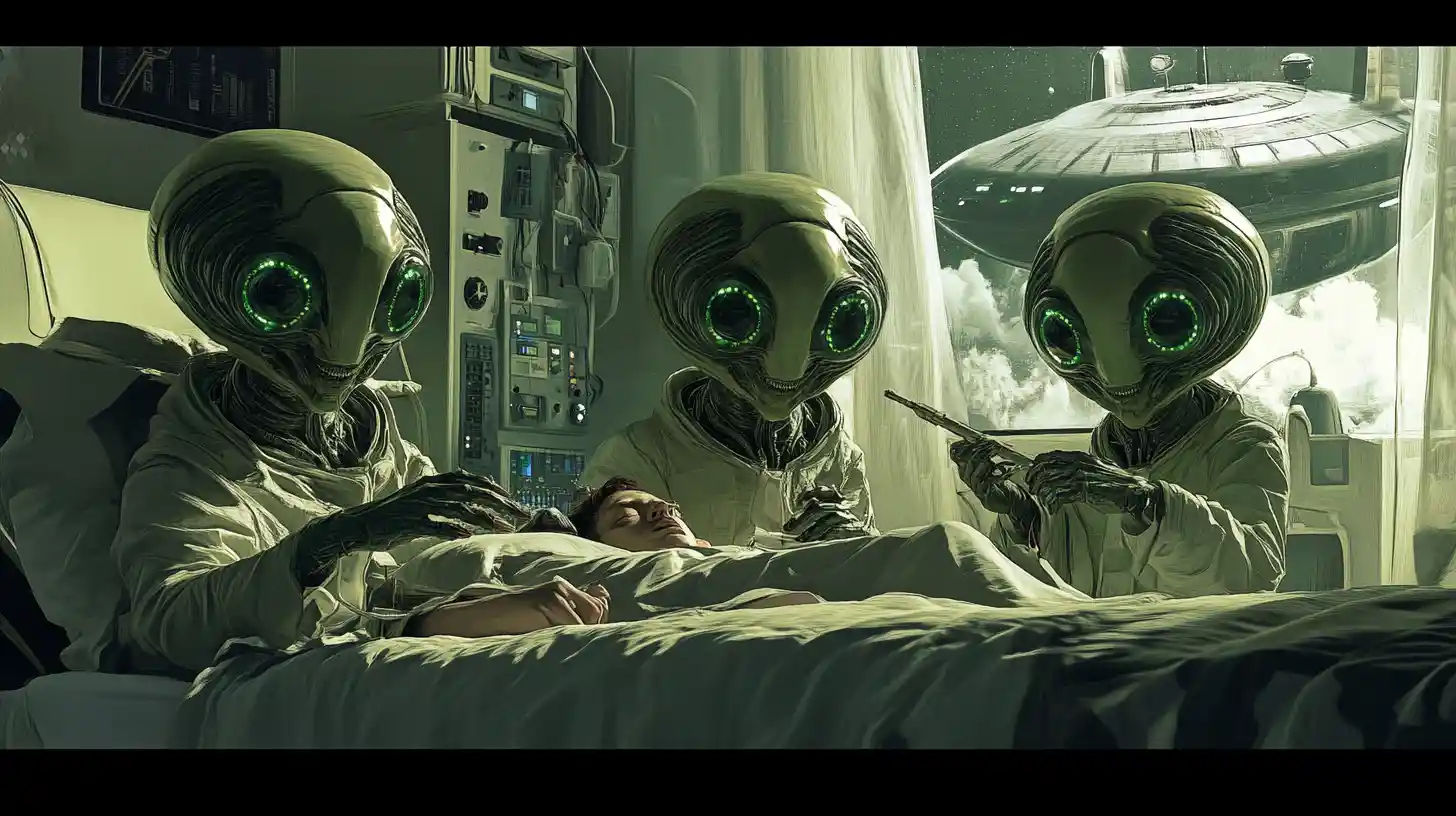 Alienígenas estudian a un hombre dormido en un dormitorio de ciencia ficción