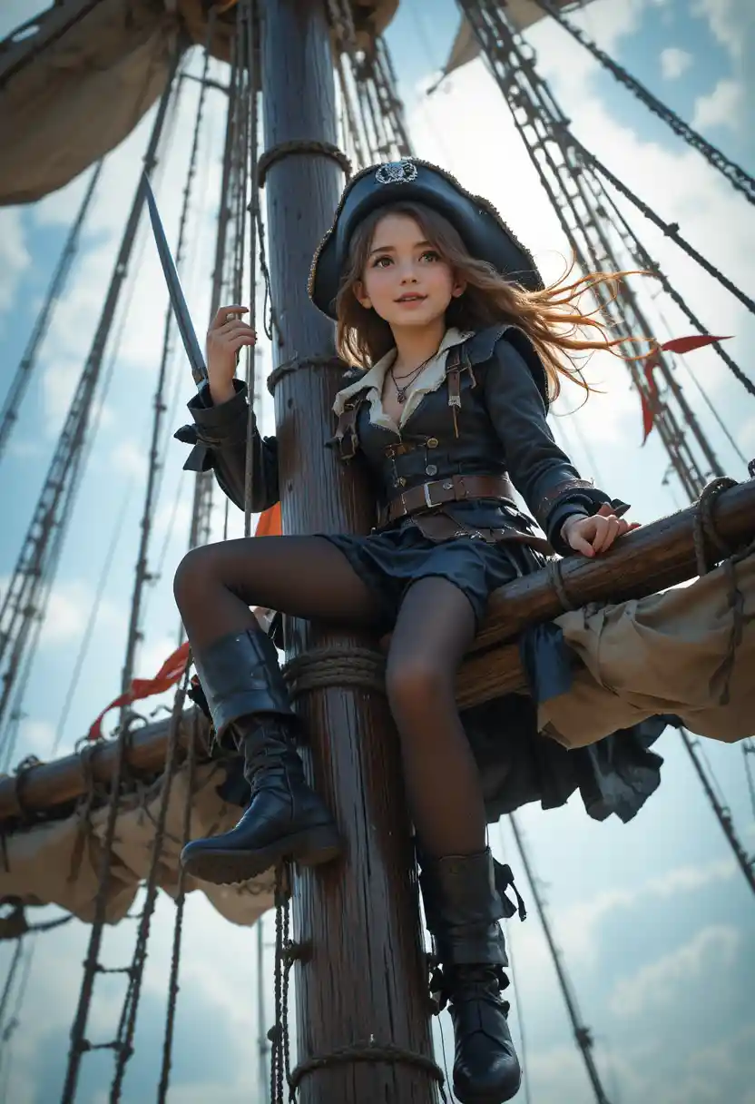 Giovane piratessa che scala l'albero di una nave con un pugnale