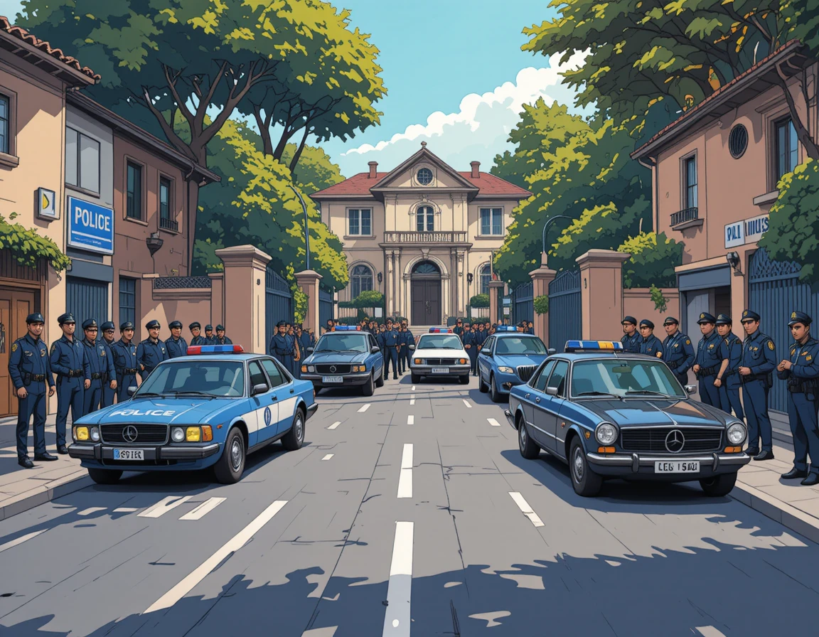 Police cars forming a roadblock at a gated city property