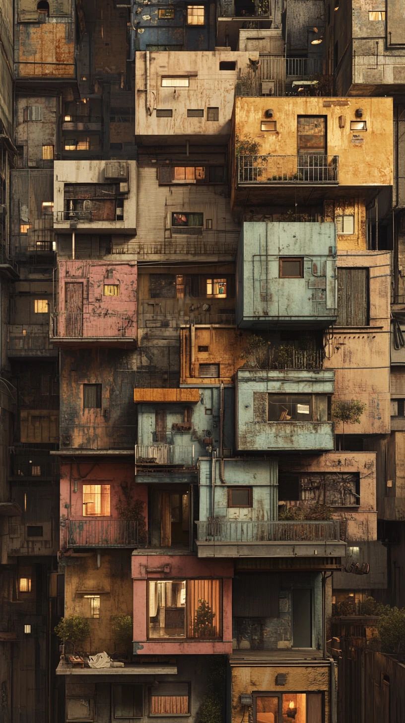 Stacked urban dwellings with textured walls and balconies