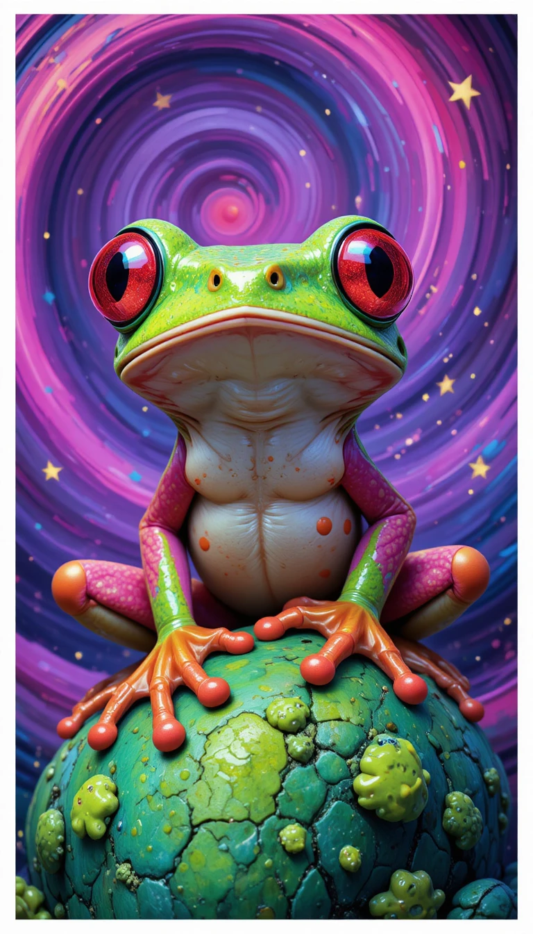 Bunter Laubfrosch, der auf einem kosmisch leuchtenden Felsen ruht