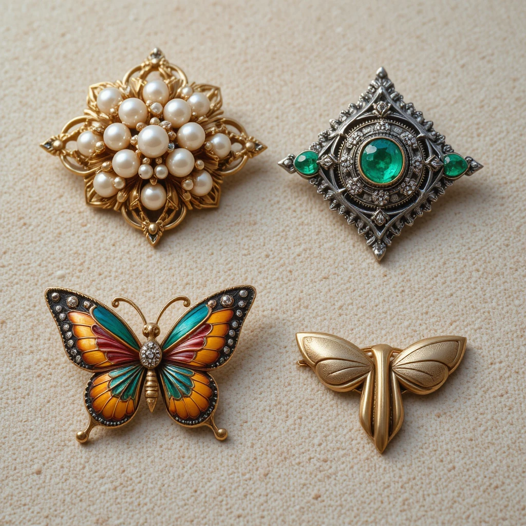 Flat lay de broches vintage com quatro modelos de alfinete elegantes