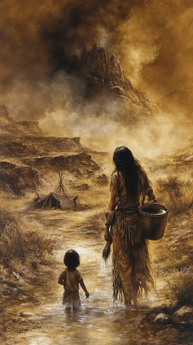 Native American mother and child by a desert stream