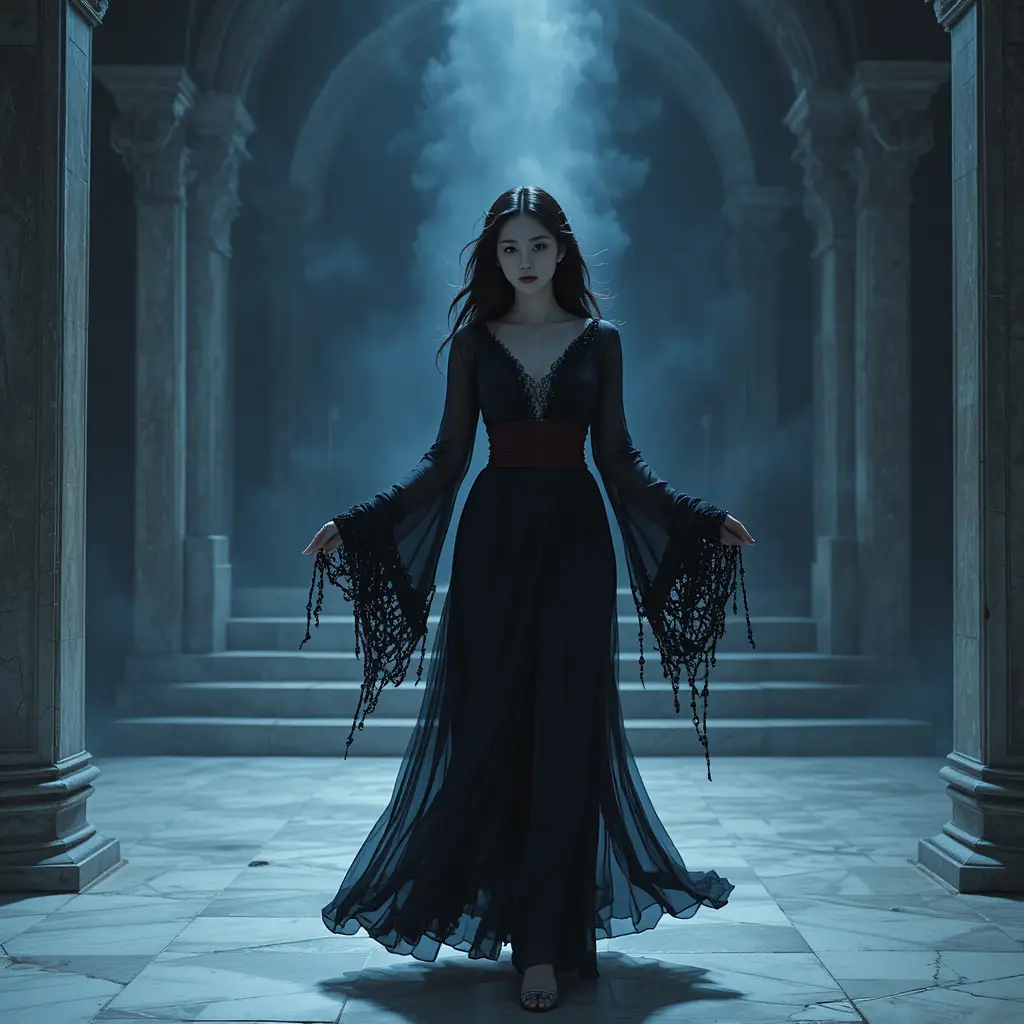 Donna coreana occulta in un fluente abito lungo di chiffon nero
