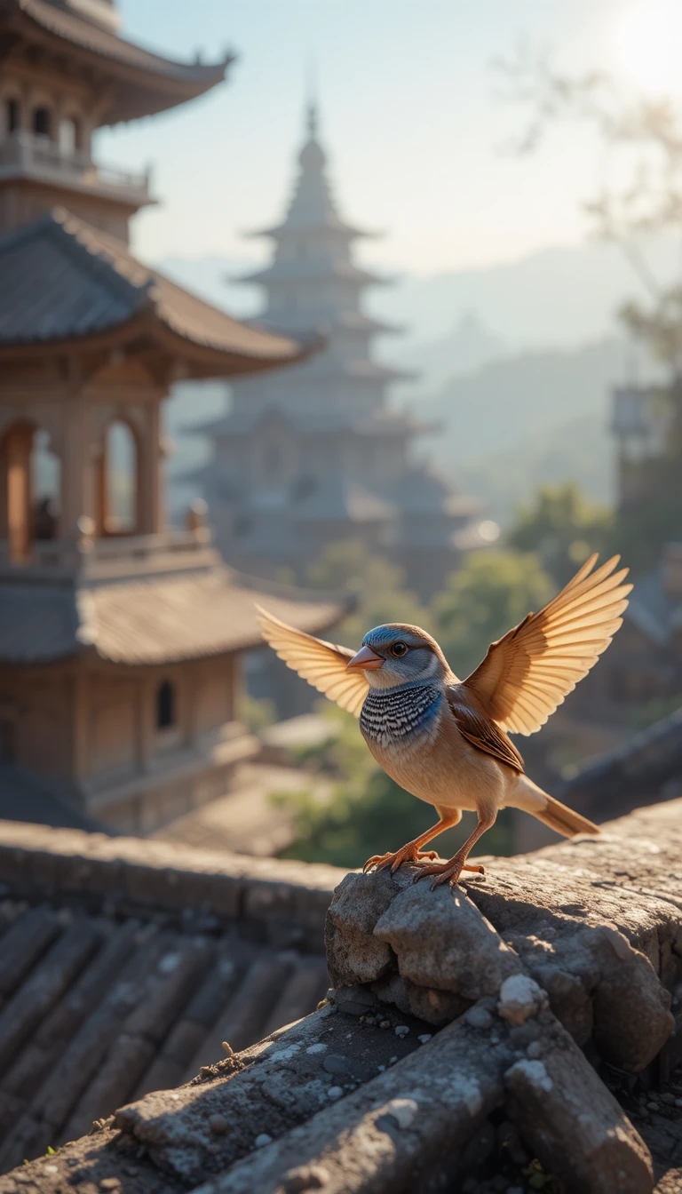 Sparrow On Ancient Temple Roof In Morning Sunlight