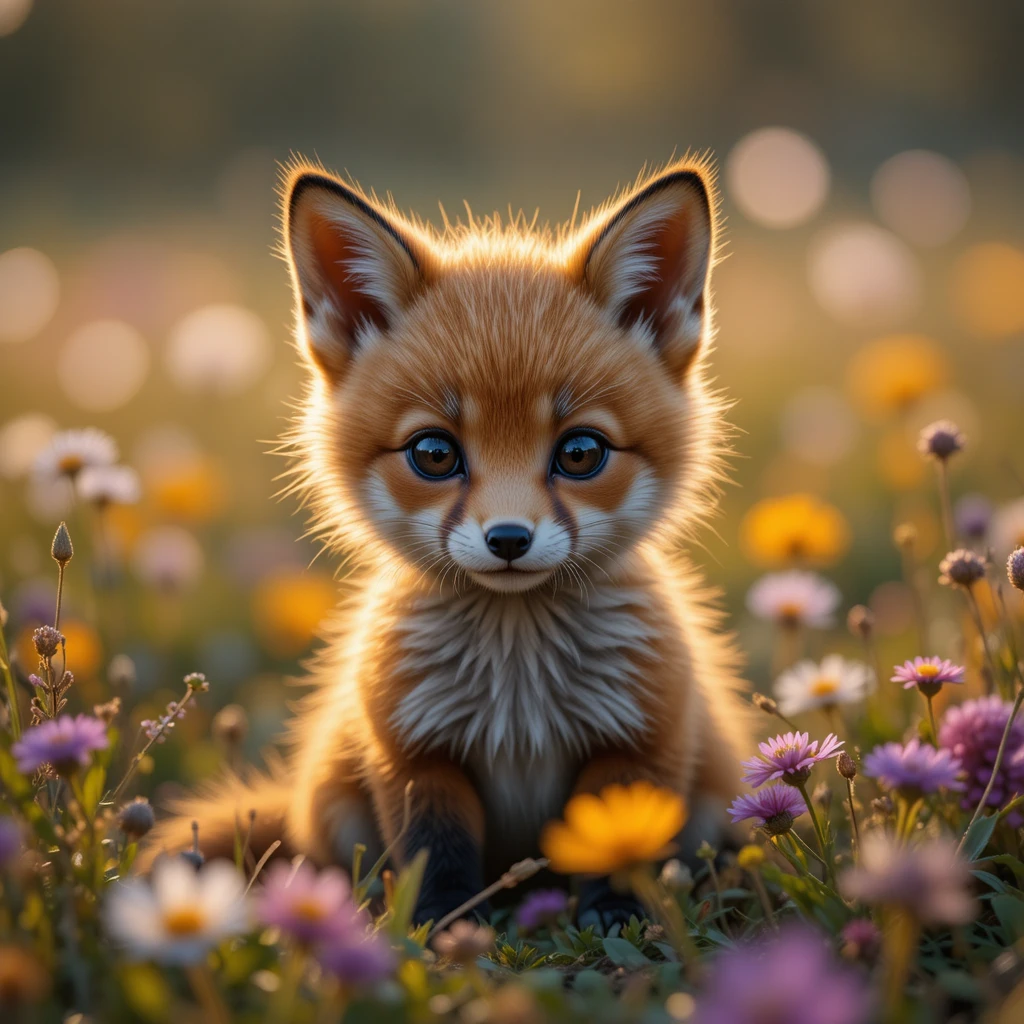 Niedliches Fuchsjunges im Wildblumenfeld bei Sonnenuntergang