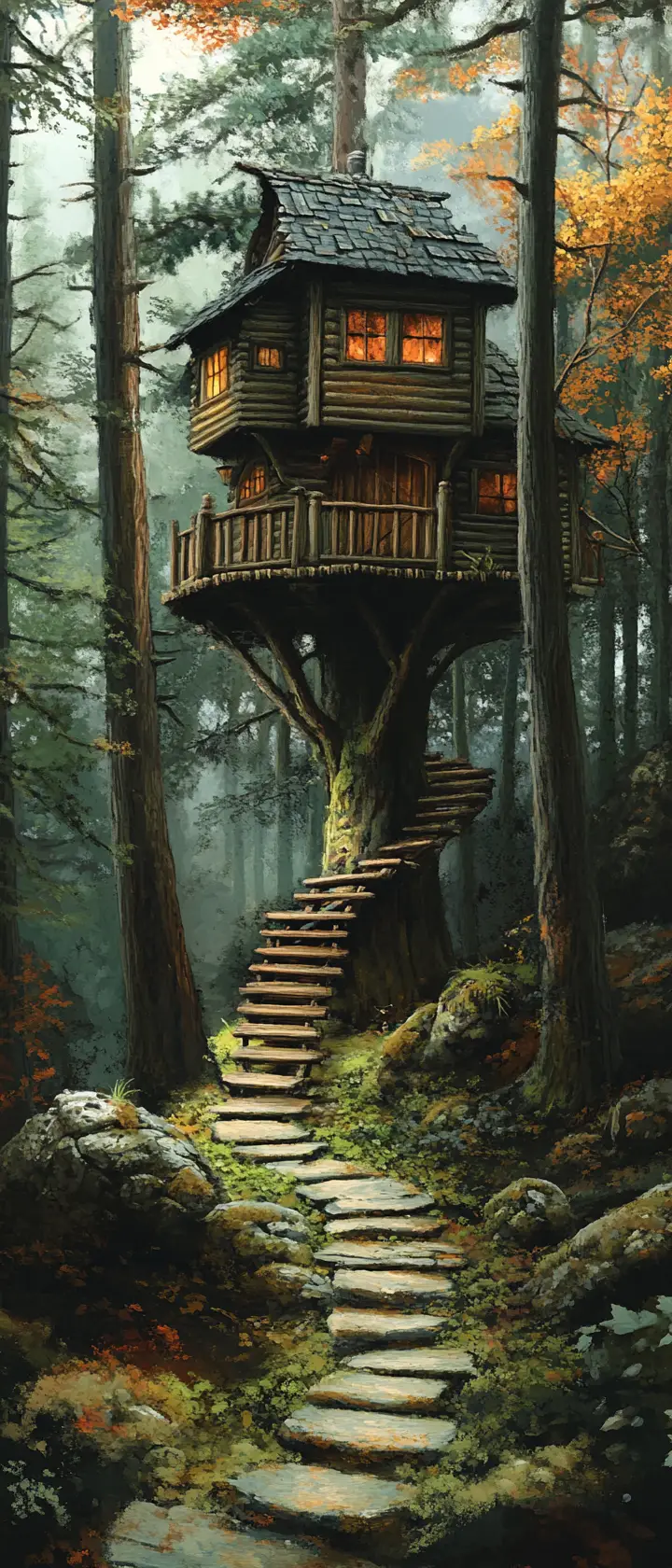 Cozy wooden treehouse nestled in a tranquil autumn forest