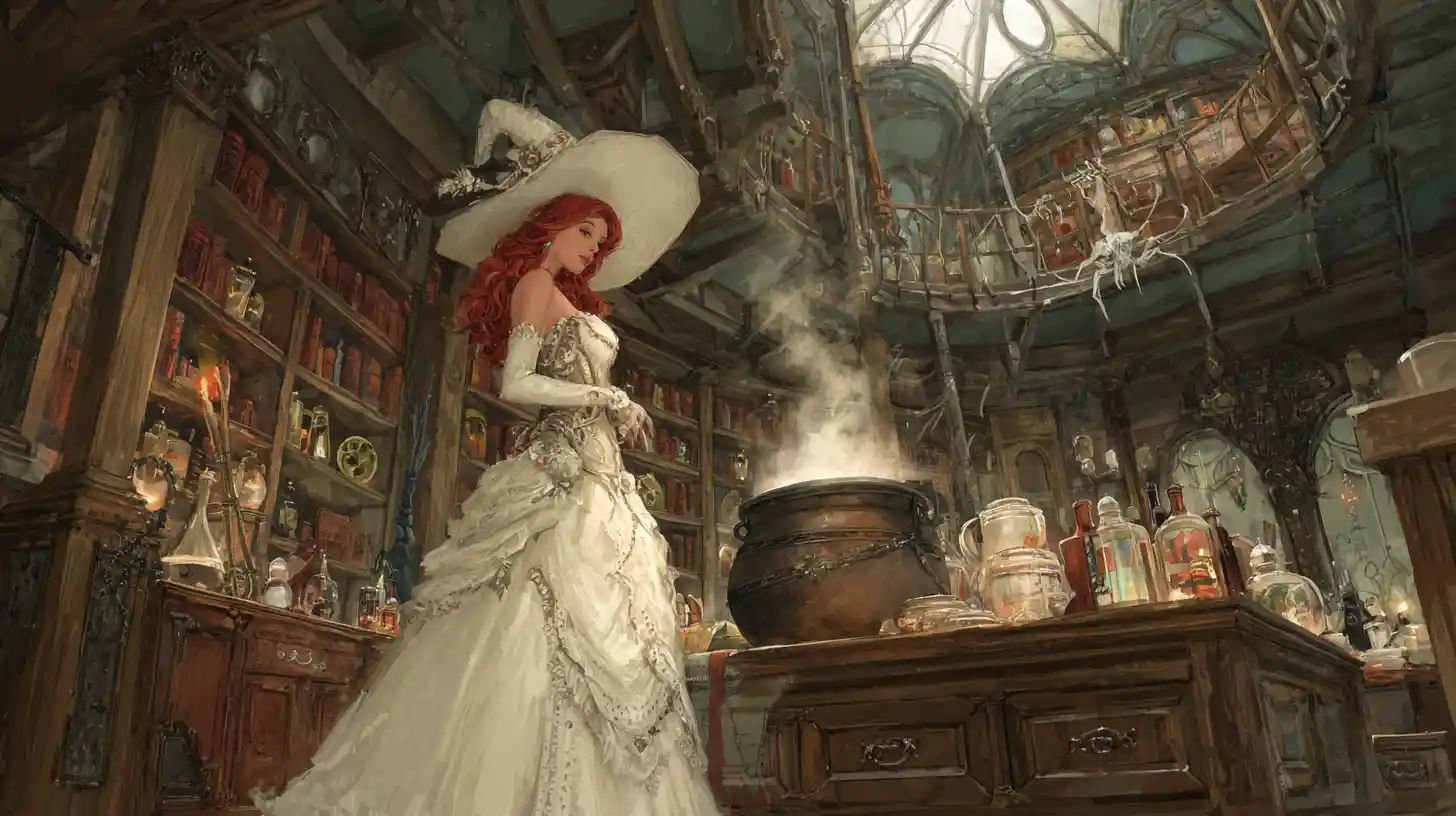 Weiße Steampunk-Hexe in einer magischen Bibliothek